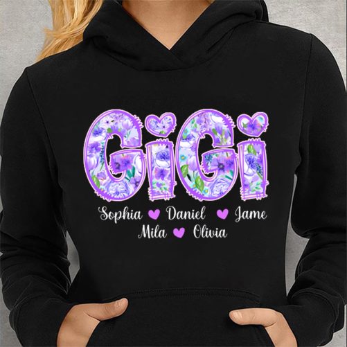 Personalized Grandma Hoodie Purple Flower Pattern Custom Title And Kid's Name Gift For Grandma 1