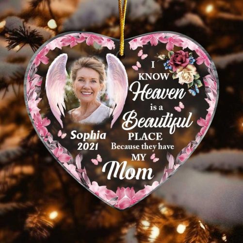 Personalized Heaven Is A Beautiful Pink Butterfly Flower Memorial Loss Of Mom Grandma Heart Ornament NB151 58O47