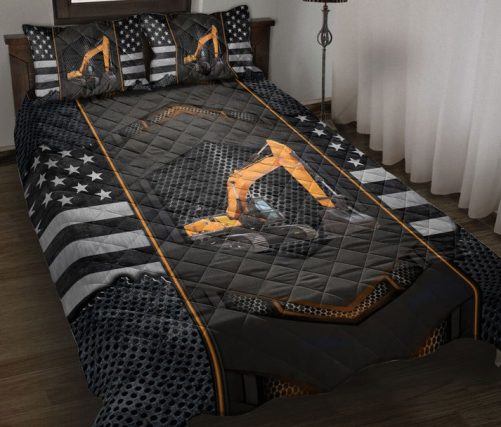 Excavator Quilt Set, Yellow Excavator Carbon Heavy Equipment Operator Quilt Blanket With Pillowcases, Quilt Bedding Set