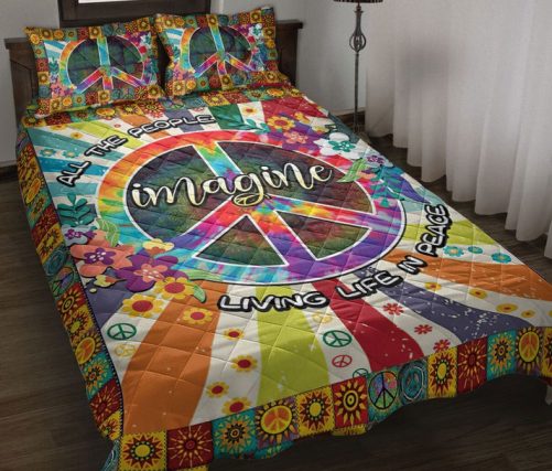 Hippie Quilt Set, Flower Floral Peace Sign Colorful Hippie Trippy Quilt Blanket With Pillowcases, Quilt Bedding Set