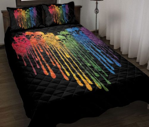LGBT Quilt Set, Lgbtq Lgbt Skull Heart Pride Rainbow Flag Love Wins Love Is Love Pride Month Quilt Blanket With Pillowcases, Quilt Bedding Set