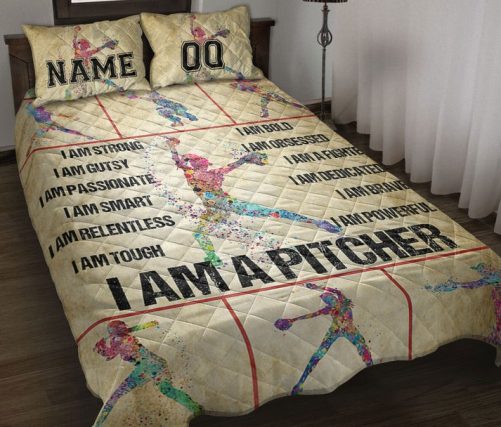 Personalized Baseball Quilt Set, Softball Baseball Girl I Am Pitcher Quilt Blanket With Pillowcases, Quilt Bedding Set