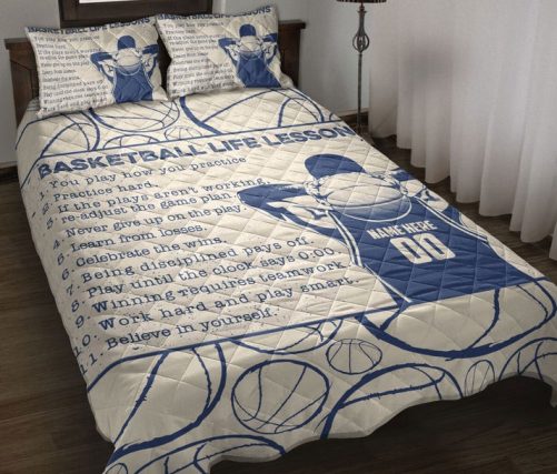 Personalized Basketball Quilt Set, Basketball Lessons Beige Quilt Blanket With Pillowcases, Custom Name Quilt Bedding Set
