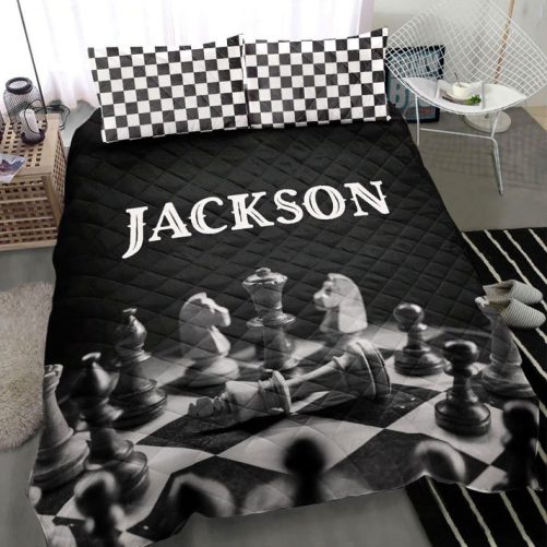 Personalized Chess Quilt Set, Chess Checked Black White Quilt Blanket With Pillowcases, Custom Name and Number Quilt Bedding Set