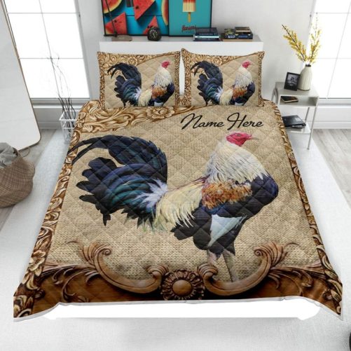Personalized Chicken Quilt Set, Rooster Floral Quilt Blanket & Pillowcase, Custom Name Quilt Bedding Set, Bedspread, Gift for Chicken Lover