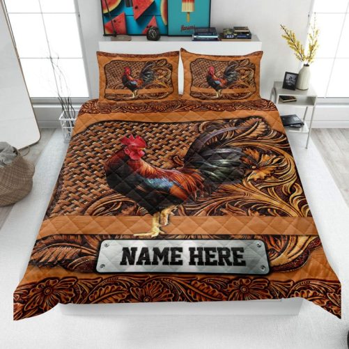 Personalized Chicken Quilt Set, Rooster Floral Quilt Blanket & Pillowcase, Custom Name Quilt Bedding Set, Bedspread, Gift for Chicken Lover