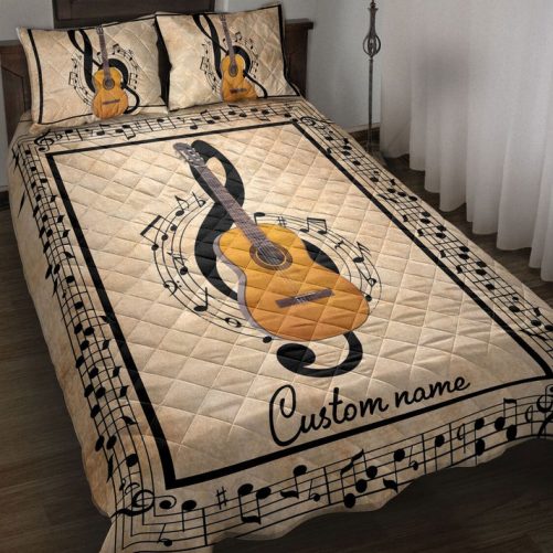 Personalized Guitar Quilt Set, Aco Ustic Guitar Guitaris Music Treble Clef Quilt Blanket With Pillowcases, Custom Name Quilt Bedding Set