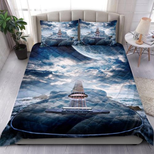 Personalized Guitar Quilt Set, Aco Ustic Guitar Guitarist Music Theme Blue Sky Quilt Blanket With Pillowcases, Quilt Bedding Set