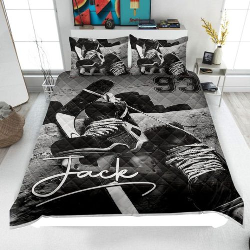 Personalized Hockey Quilt Set, Hockey Quilt Blanket & Pillowcase, Custom Name Number Quilt Bedding Set, Gift for Dad, Husband, Son, Kid