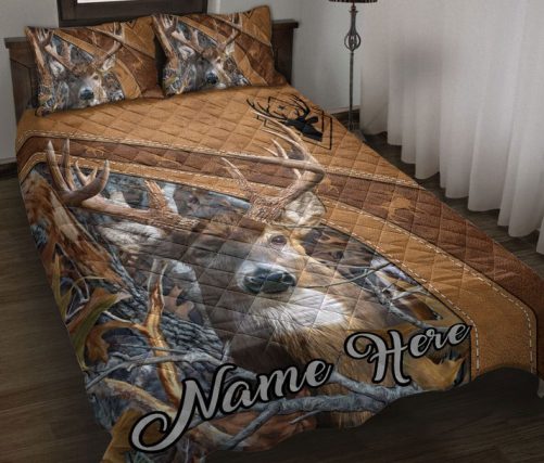 Personalized Hunting Quilt Set, Deer Hunting Floral Deer Hunting Quilt Blanket With Pillowcases, Custom Name Quilt Bedding Set