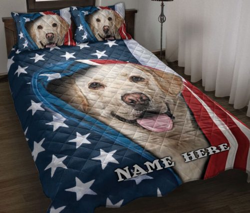 Personalized Labrador Retriever Quilt Set, Labrador Retriever Patriot American Us Flag Quilt Blanket With Pillowcases, Quilt Bedding Set