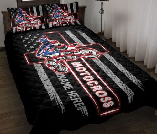 Personalized Motocross Quilt Set, Dirt Bike Extreme Motocross Racer Cross Quilt Blanket With Pillowcases, Quilt Bedding Set