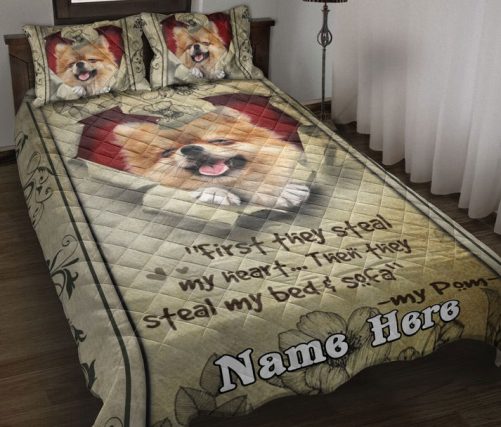 Personalized Pomeranian Quilt Set, Pomeranian Dog They Steal My Heart Floral Beige Quilt Blanket With Pillowcases, Quilt Bedding Set