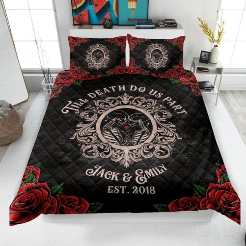Personalized Skeleton Couple Quilt Set, Halloween Wedding Quilt Blanket & Pillowcase, Custom Name Quilt Bedding Set, Anniversary Gift