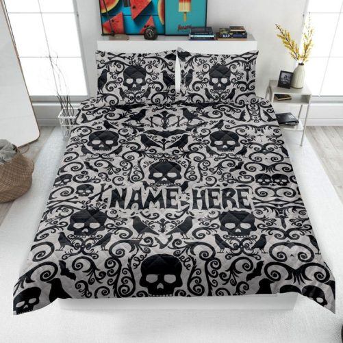 Personalized Skull Quilt Set, Skull Bat Floral Quilt Blanket & Pillowcase, Custom Name Quilt Bedding Set, Bedspread, Gift for Skull Lover