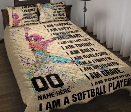 Personalized Softball Quilt Set, I Am Strong I Am A Softball Player Beige Quilt Blanket With Pillowcases, Quilt Bedding Set