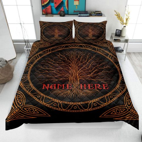 Personalized Viking Quilt Set, Tree of Life Quilt Blanket & Pillowcases, Custom Name Quilt Bedding Set, Viking Gift for Dad, Husband, Son