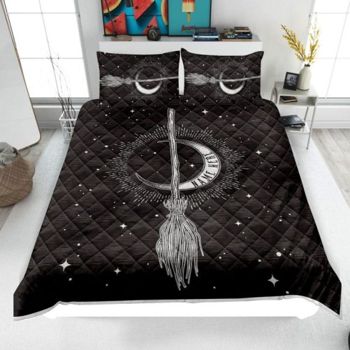 Personalized Witch Quilt Set, Witch Broom Stick and Moon Quilt Blanket & Pillowcases, Custom Name Quilt Bedding Set, Halloween Gift for Her