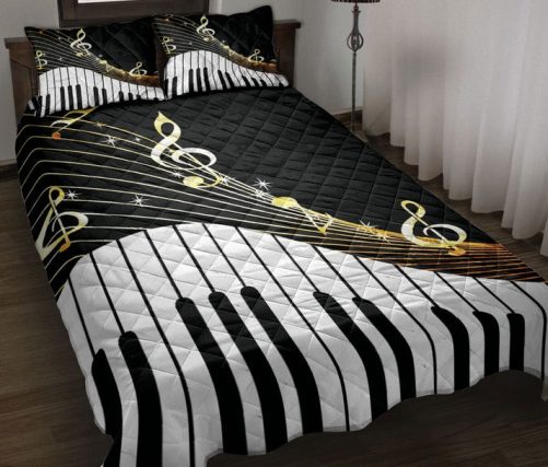 Piano Quilt Set, Music Piano Keys Golden Music Notes Music Theme Musical Note Black White Quilt Blanket With Pillowcases, Quilt Bedding Set