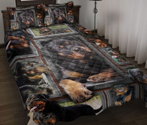 Rottweiler Quilt Set, Rottweiler Dog Frame Patchwork Floral Dog Puppy Quilt Blanket With Pillowcases, Quilt Bedding Set