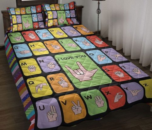 Sign Language Quilt Set, American Sign Language Asl Love Sign Quilt Blanket With Pillowcases, Quilt Bedding Set