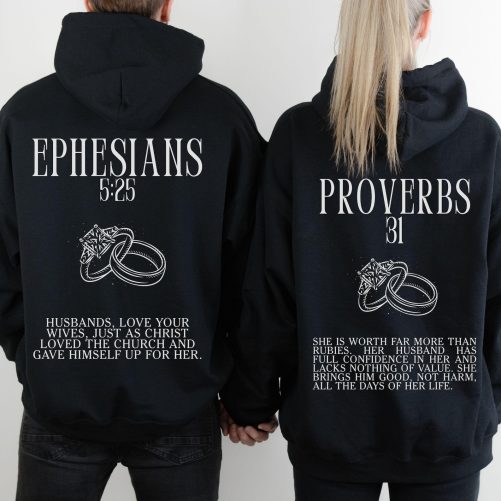 Christian Couple Hoodies, Couple Matching Sweatshirt, Bible verse on the sleeve, Proverbs 31 Matching