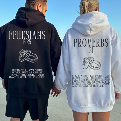 Christian Couple Hoodies, Couple Matching Sweatshirt, Bible verse on the sleeve, Proverbs 31 Matching Sweatshirts, Anniversary Gifts for Him