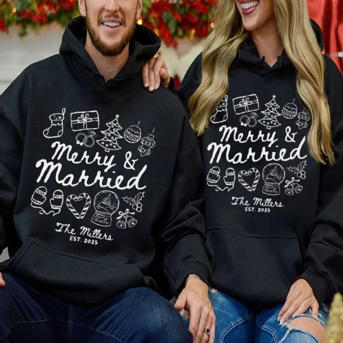 Christmas Couple Hoodie Merry & Married Custom Name And Year Christmas Gift For Couple