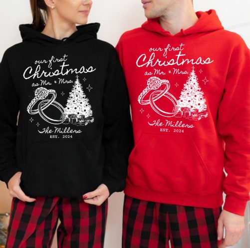 Christmas Couple Hoodie Our First Christmas As Mr & Mrs Est Christmas Gift For Couple