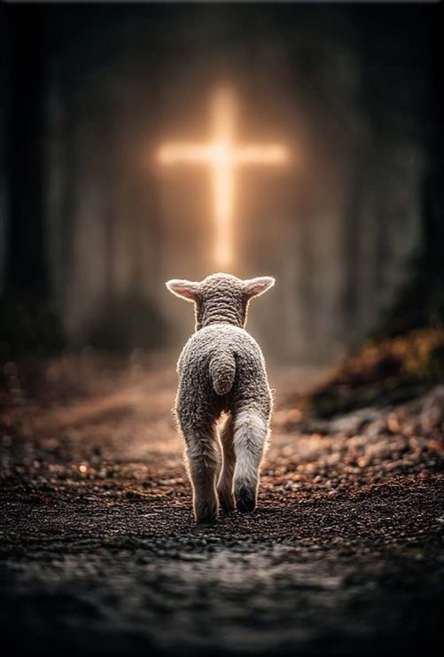 Lamb Walking Toward the Glowing Cross – Christian Wall Art Canvas copy