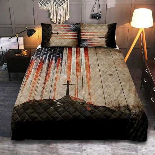 American Flag Cross Quilt Bedding Set Bedroom Christian Cover Twin Bedding Quilt Bedding Set Religious Quilt Bedding Set Prints