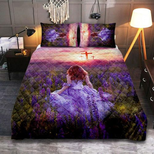 Beautiful Girl In The Lavender Field Cross Quilt Bedding Set Bedroom Christian Quilt Bedding Set Prints Bible Verse Quilt Bedding Set Art