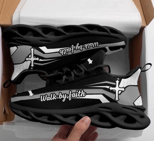 Christian Best Running Shoes, Jesus Walk By Faith Running Sneakers Black And White Soles Max Soul Shoes For Men And Women