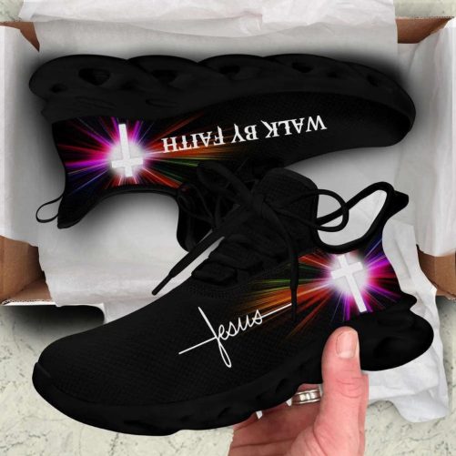Christian Best Running Shoes, Jesus Walk By Faith Running Sneakers White Black Art Max Soul Shoes For Men And Women