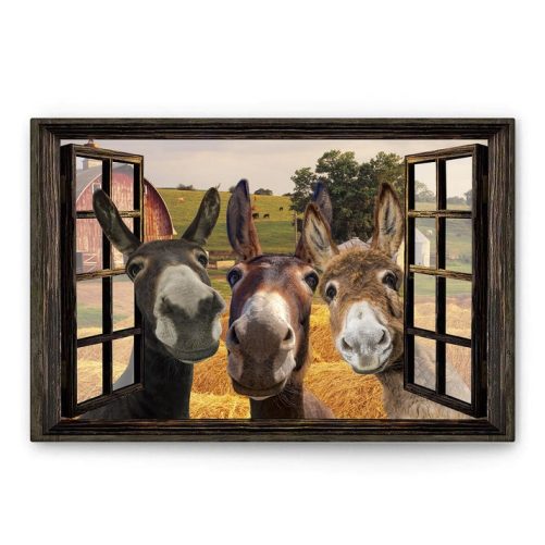 Donkey Poster & Canvas, Funny Donkeys Outside The Window Wall Art, Home Decor