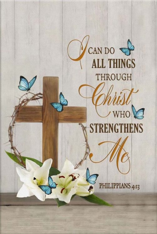 I Can Do All Things Through Christ, Wooden Cross, Lily Flower, Butterflies, Wall Art Canvas