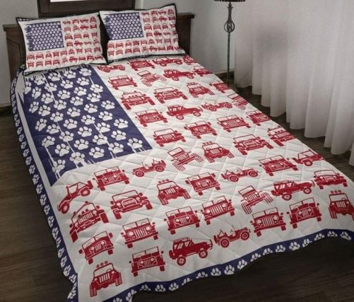 Jeep Dog Paw American Flag Quilt Bedding Set