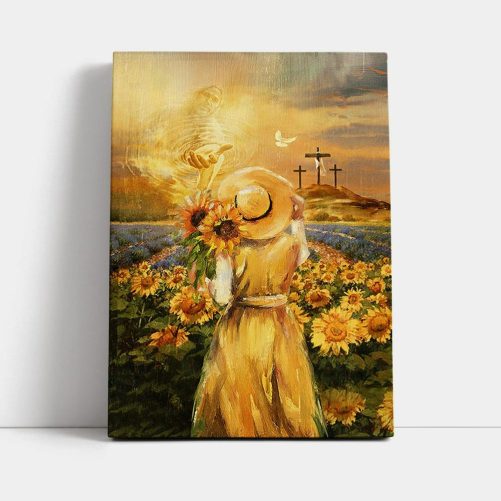Jesus Hand Beautiful Girl Sunflower Field Cross Canvas Wall Art Christian Canvas Prints Bible Verse Canvas Art