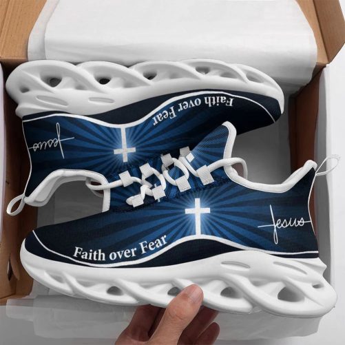 Max Soul Shoes, Jesus Faith Over Fear Running Sneakers Blue Max Soul Shoes, Jesus Christ Shoes
