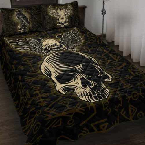 Quilt Bed Set Viking Raven And Skull Rune Pattern Gold Quilt Bed Set