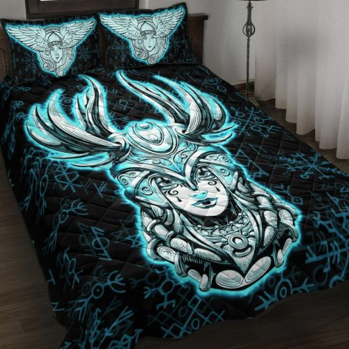 Quilt Bed Set Viking Young Smiling Valkyrie Helmet With Feathers Rune Pattern Cyan Quilt Bed Set