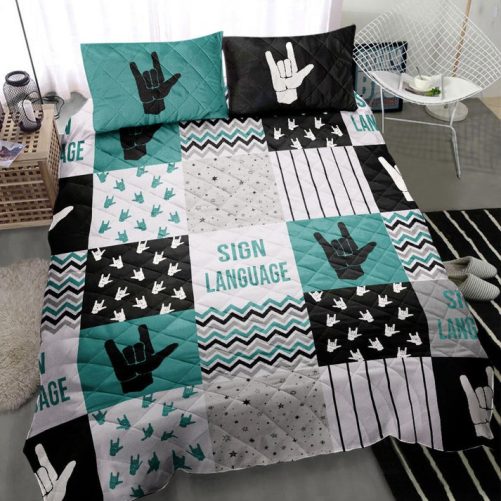 Sign Language Quilt Set, Nonverbal Sign Language Hand Sign Black Green Patchwork Quilt Blanket With Pillowcases, Quilt Bedding Set