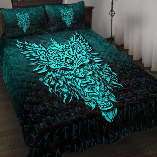 Viking Quilt Bed Set Odin The Allfather Asgard God and Chief Of Aesir Cyan Version Quilt Bed Set RLT12
