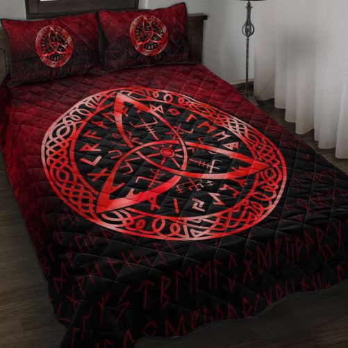 Viking Quilt Bed Set Vegvisir Nordic Viking Rune Red Version Quilt Bed Set