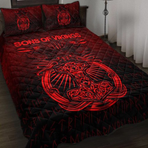 Viking Quilt Bed Set Vikings Ravens Mjolnir Red Version Quilt Bed Set RLT12