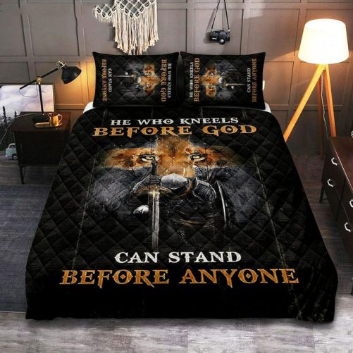 Warrior Lion Cross He Who Kneels Before God Can Stand Before Anyone Quilt Bedding Set Art Bible Verse Bedroom Religious Home Decor