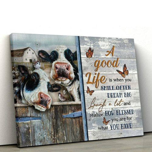 dairy cow A good life is when you smile often Canvas Wall Art Bible Verse Canvas Religious Prints