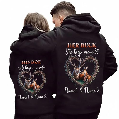 Personalized Deer Couple Her Buck His Doe Valentine's Day Couple Matching Hoodie