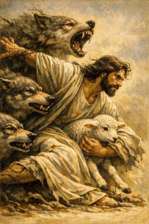 Christian Canvas Jesus Rescues Lamb From Wolves