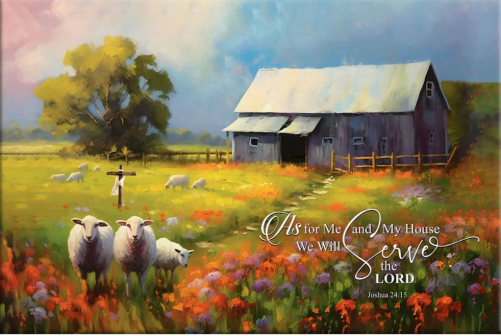 Christian Canvas As For Me and my House Art, Rustic Old Barn, Sheep, Joshua 2415 Wall Art Canvas